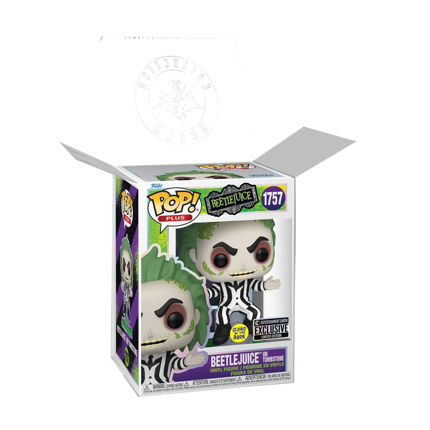 Beetlejuice on Tombstone Funko Pop! Plus - Approx. 4 1/2" Glows In The Dark Entertainment Earth Exclusive Collectible Vinyl Figure #1757 with Display Box Protector Case