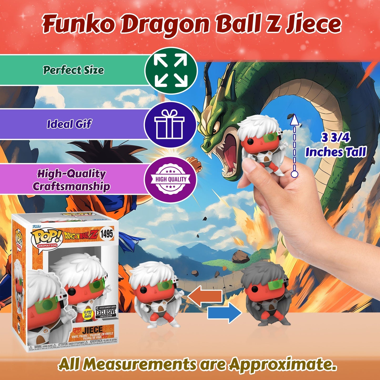 Jiece Funko Pop! Animation Dragon Ball Z - Approx. 3 3/4" Collectible Glows In The Dark Entertainment Earth Exclusive Limited Edition Vinyl Figure #1495 with Display Box Protector Case