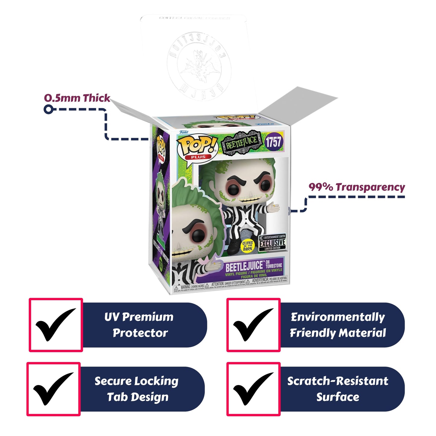 Beetlejuice on Tombstone Funko Pop! Plus - Approx. 4 1/2" Glows In The Dark Entertainment Earth Exclusive Collectible Vinyl Figure #1757 with Display Box Protector Case