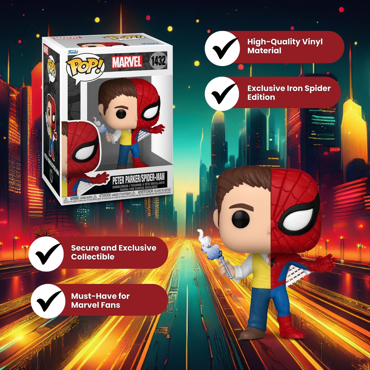 Split Peter Parker/Spider-Man Funko Pop! Marvel Comics - Approx. 3 3/4" Collectible Vinyl Figure #1432 with Case