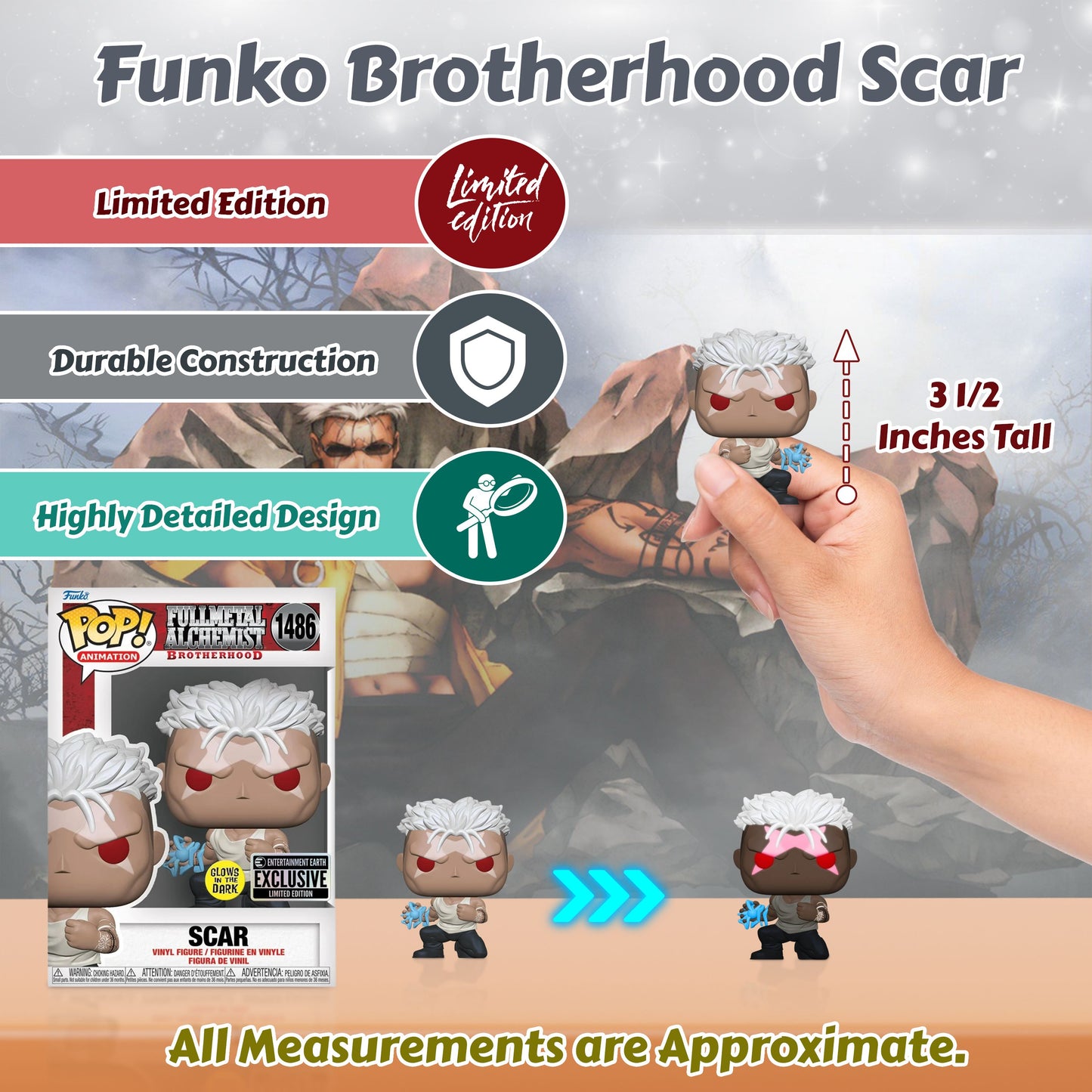 Scar Funko Pop! Animation Fullmetal Alchemist Brotherhood - Approx. 3 1/2" Collectible Glows In The Dark Entertainment Earth Exclusive Limited Edition Vinyl Figure #1486 with Display Box Protector Case