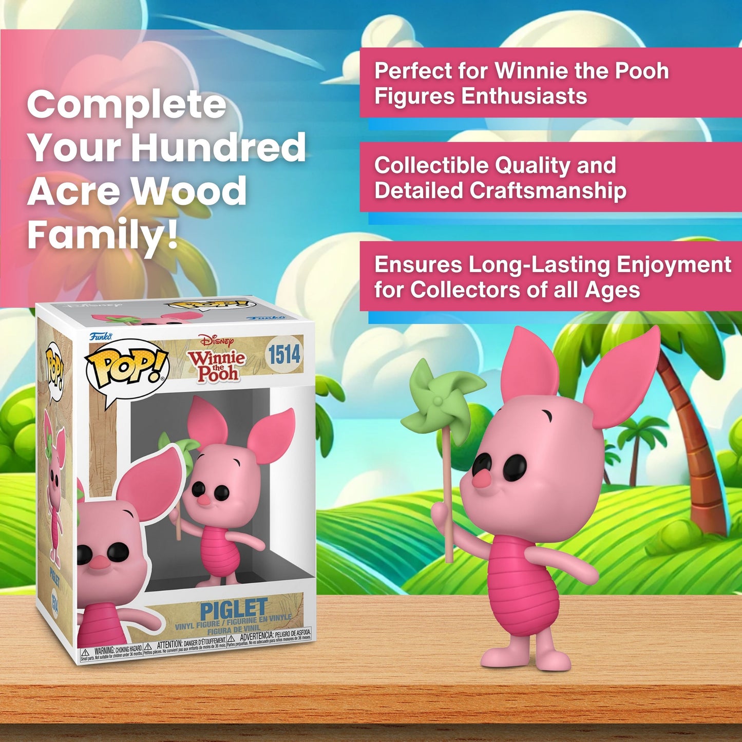 Piglet with Pinwheel Funko Pop! Disney Winnie The Pooh - Approx. 3 1/2" Collectible Vinyl Figure #1514 with Display Box Protector Case