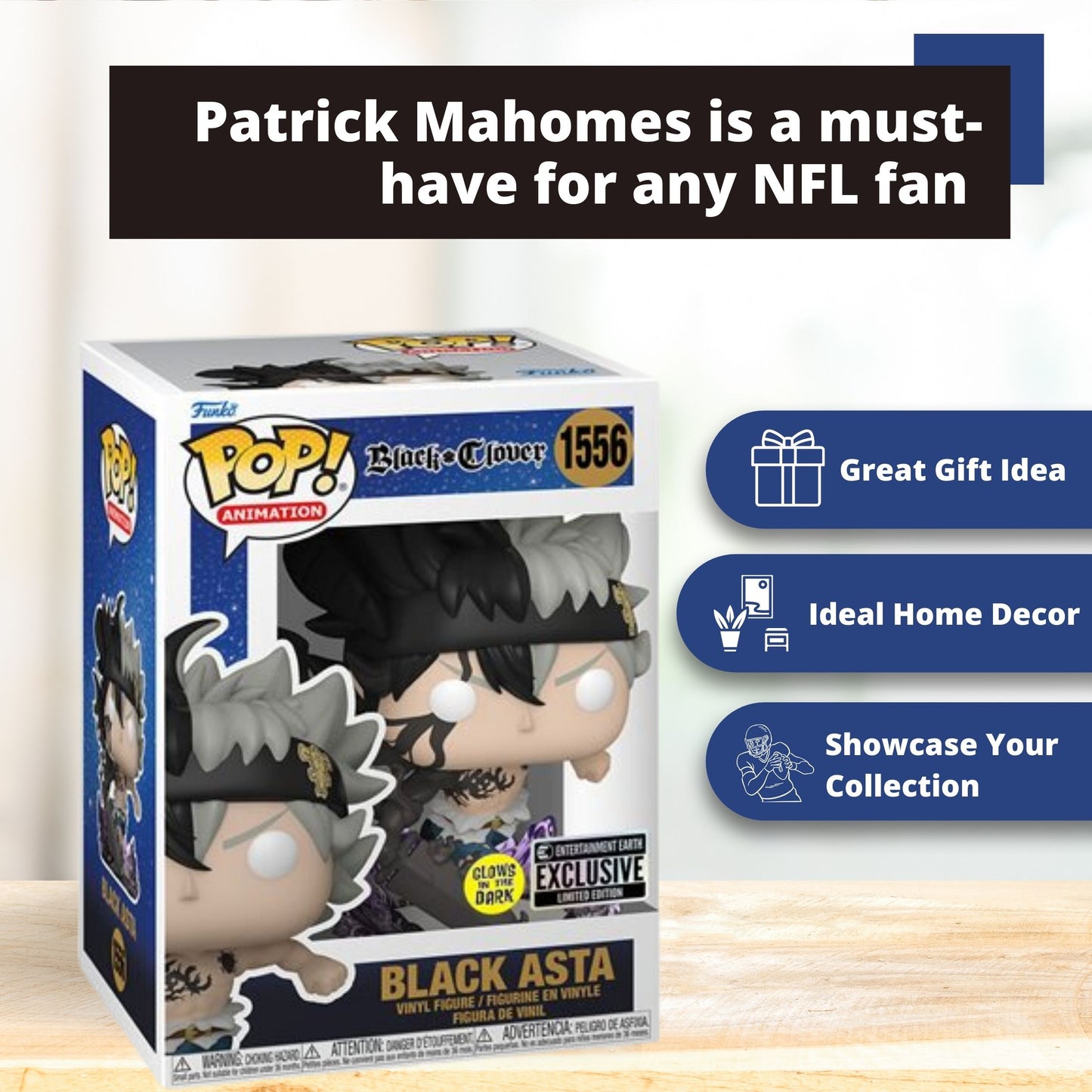 Black Asta Funko Pop! Black Clover - Glows In The Dark Entertainment Earth Exclusive Limited Edition Vinyl Figure #1556 with Display Box Protector Case