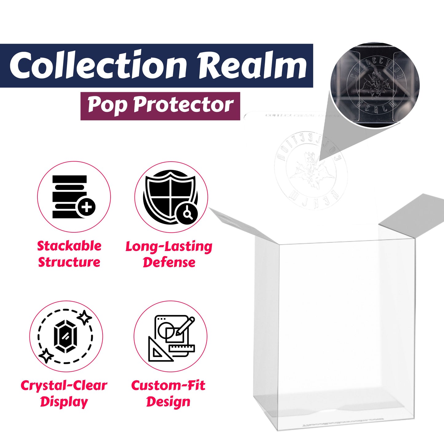 100-Pack Collection Realm Crystal Clear Vinyl Figure Protectors Compatible with 4-Inch Collectibles – Heavy-Duty Display Cases with 0.5mm Thickness for Water, Dust & UV Protection