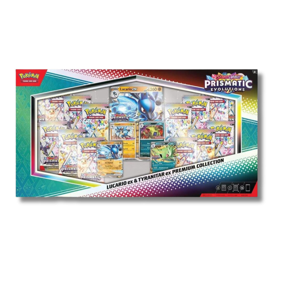 Pokémon TCG Scarlet & Violet Prismatic Evolutions Lucario ex & Tyranitar ex Premium Collection Box – Booster Packs & Promo Cards