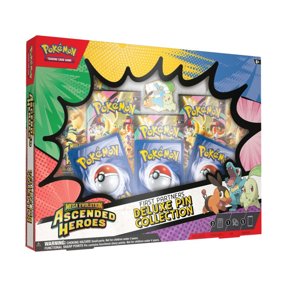 Pokemon TCG Ascended Heroes First Partners Deluxe Pin Collection box with booster packs, pin, and pokemon trading cards.