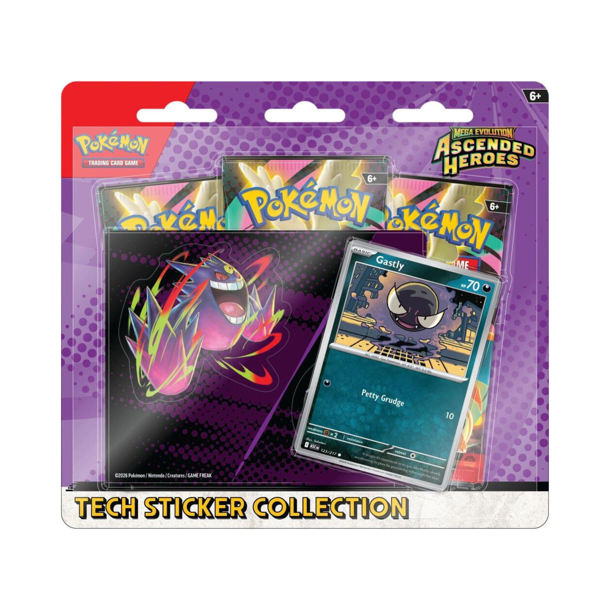 Pokemon TCG Mega Evolution Ascended Heroes Tech Sticker Collection Gastly with promo card sticker sheet and booster packs