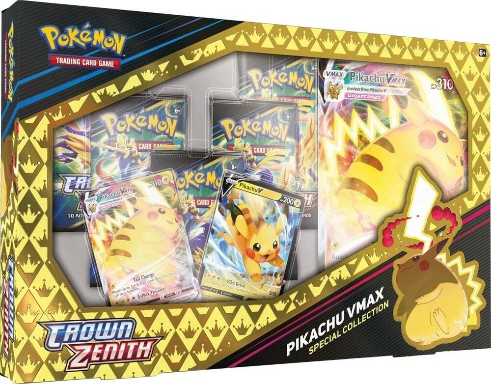 Pokémon TCG Crown Zenith Pikachu VMAX Special Collection box front view – booster packs Pokémon, rare cards, collectible card games