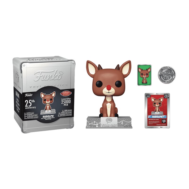 Rudolph Funko Pop! Classics Rudolph The Red-Nose Reinder - 25th Anniversary - Approx. 4.35" Exclusive Collectible Vinyl Figure #03C in Silver-Tone Window Box with Tin Protective Case