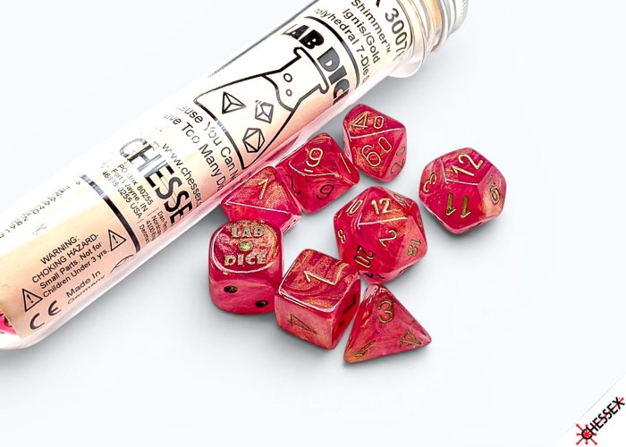 Chessex Lab Dice 10 Shimmer Ignis Gold Polyhedral 7-Die Set, Flame-Inspired Shimmering Tabletop RPG Dice for Dungeons and Dragons, Roleplaying Games and Collectors