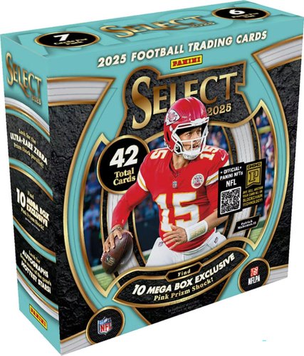 Panini Select 2025 Football Mega Box, Factory Sealed Trading Card Box with Pink Prizm Shock Parallels, NFL Football Cards for Collectors