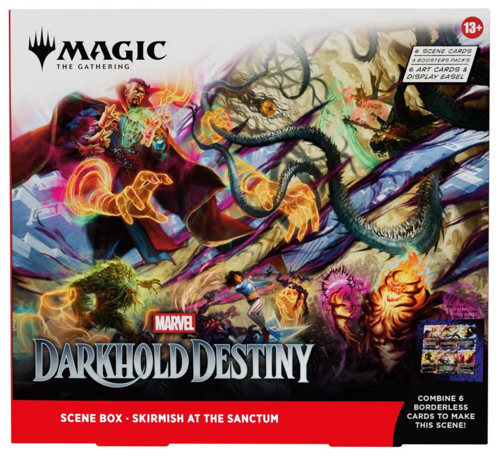Magic: The Gathering Marvel Darkhold Destiny Sanctum Scene Box, Skirmish at the Sanctum, 3 Booster Packs, 6 Traditional Foil Scene Cards, 6 Art-Only Cards and Display Easel (PREORDER - Release Date April 9, 2027)