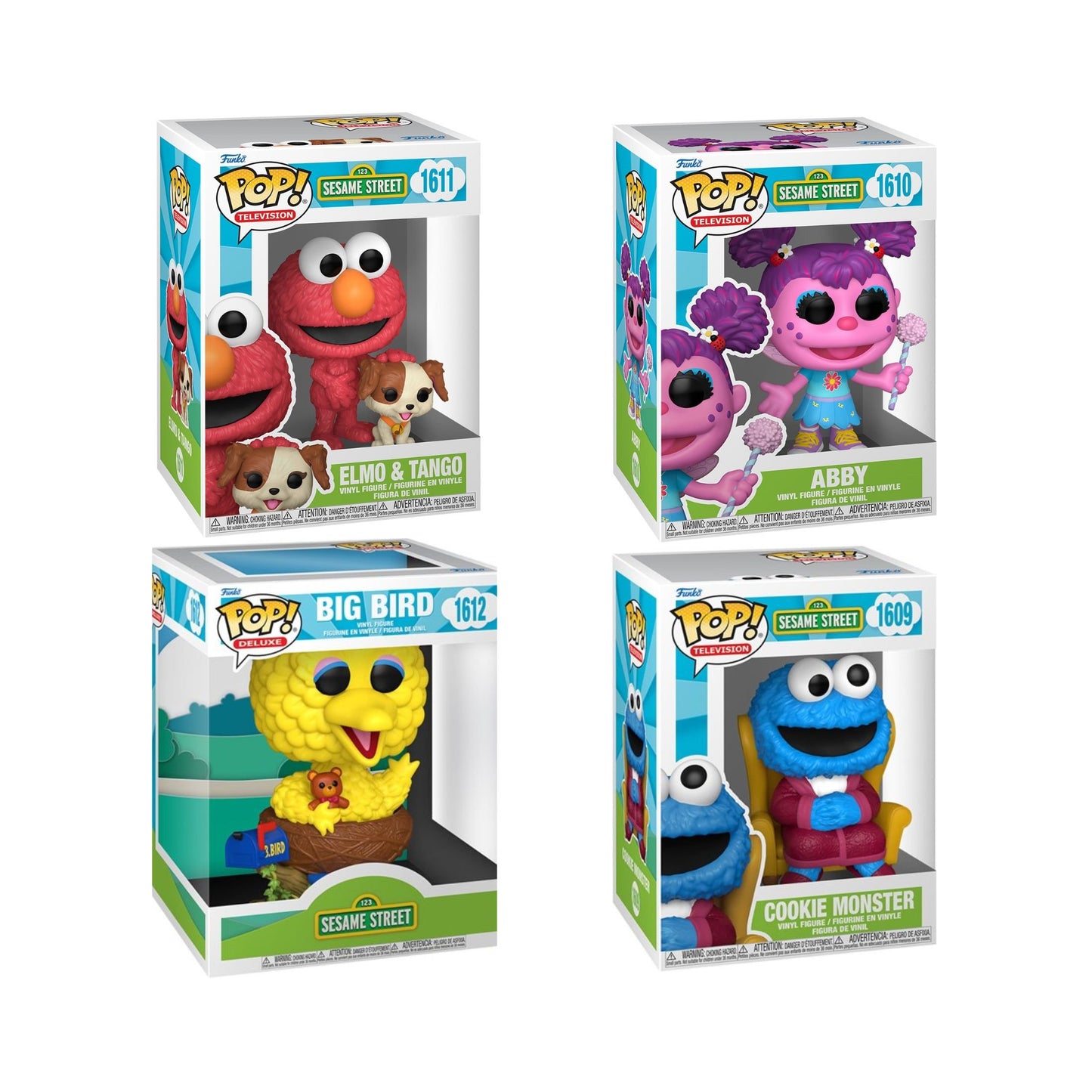 Sesame Street Funko Pop! Television Set of 4 – Big Bird #1612, Elmo & Tango #1611, Cookie Monster #1609, Abby #1610 – Collectible Vinyl Figures