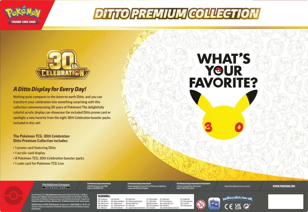 Pokemon TCG 30th Celebration Ditto Premium Collection – 1 Ditto Promo Card, Acrylic Card Display, 8 30th Celebration Booster Packs & Pokémon TCG Live Code Card (PREORDER - Release Date November 06, 2026)