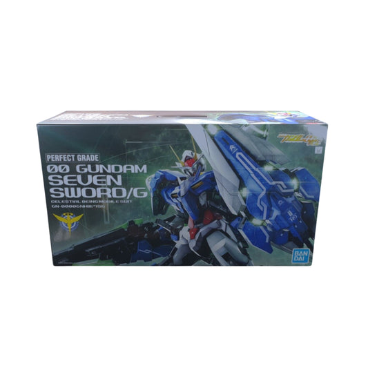 Bandai Perfect Grade 00 Gundam Seven Sword G model kit with weapons and assembly parts for display.