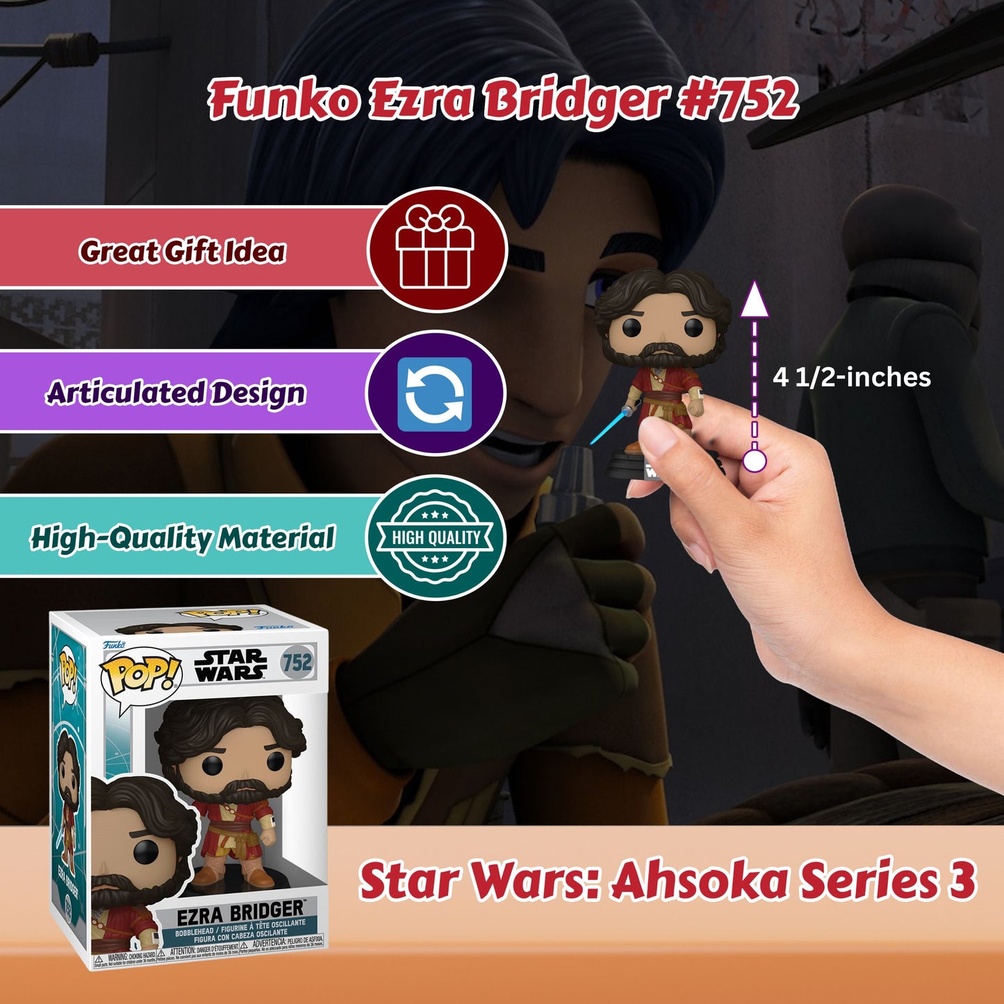 Ezra Bridger Funko Pop! Star Wars: Ahsoka Series 3 - Approx. 4 1/2" Collectible Vinyl Figure #752 with Display Box Protector Case