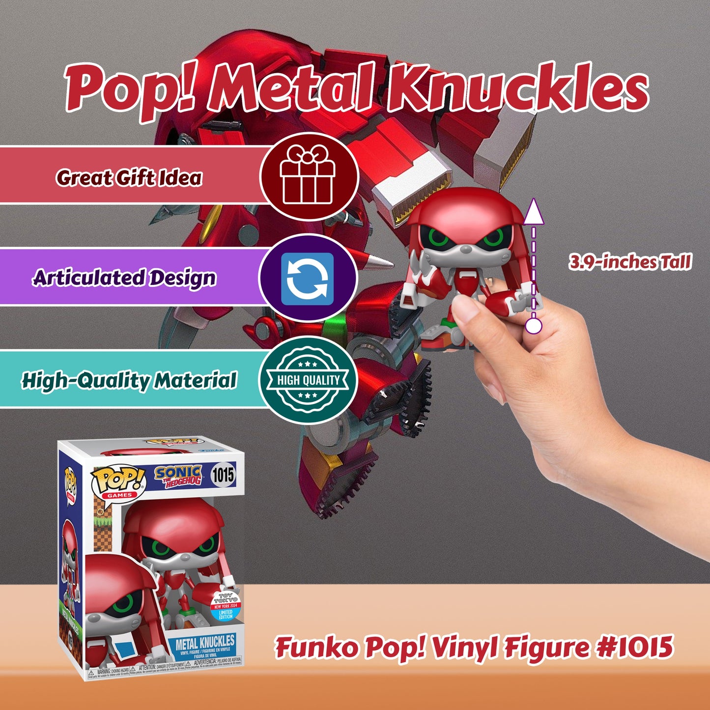 Metal Knuckles Funko Pop! Games Sonic The Hedgehog - 2024 NYCC Toy Tokyo Limited Edition - Approx. 3.9" Collectible Exclusive Vinyl Figure #1015 with Display Box Protector Case