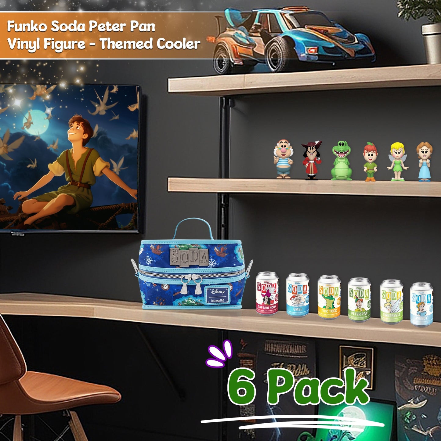 Peter Pan Funko Soda! Fly Away to Neverland - 6-Piece Set of Approx. 4" Vinyl Figures in Collectible Soda Cans (Chance of 1 Chase Variant) with an 8" Cooler Bag