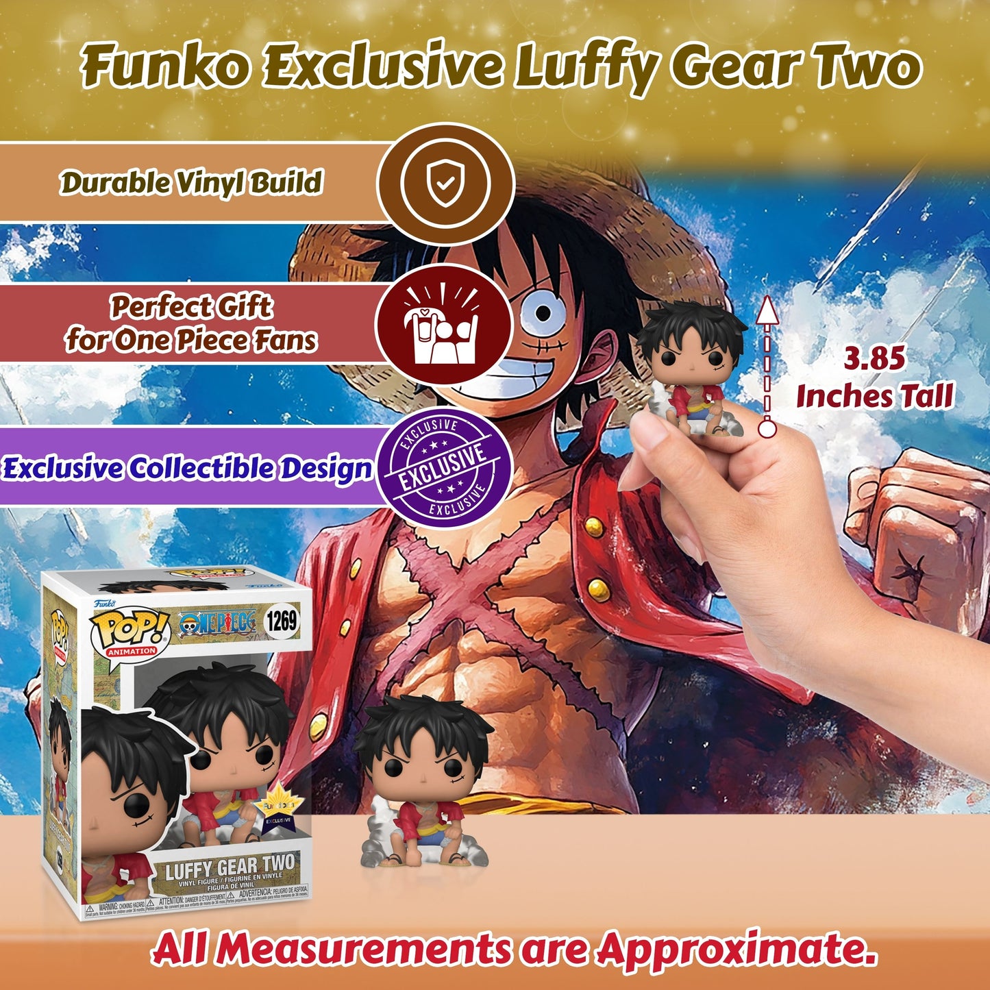Luffy Gear Two Funko Pop! Animation One Piece - Approx. 3.85" Collectible Exclusive Vinyl Figure #1269 with Display Box Protector Case