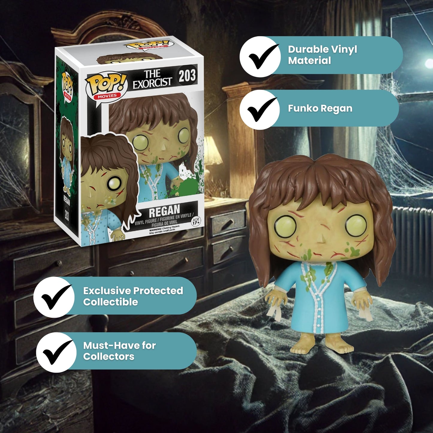 Regan Funko Pop! Movies The Exorcist - Approx. 3 3/4" Collectible Horror Vinyl Figure #203 with Display Box Protector Case
