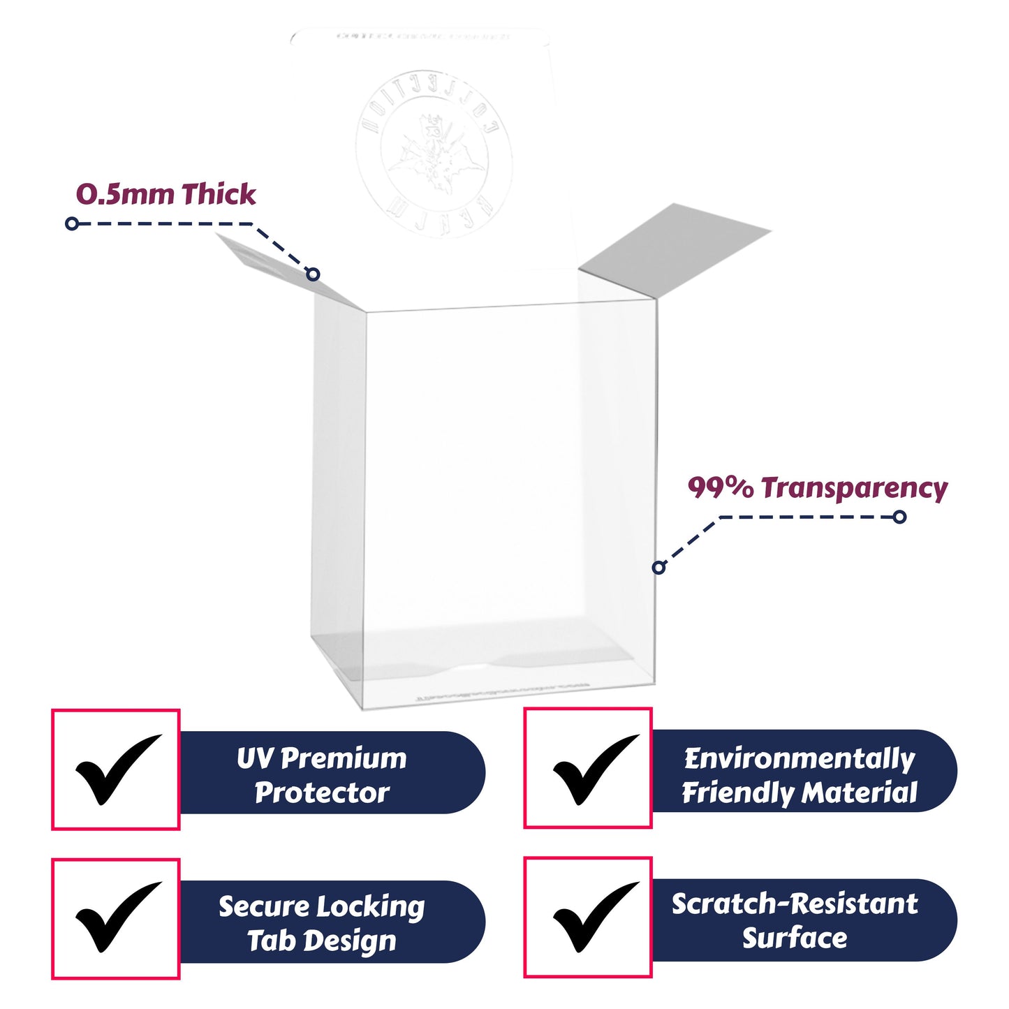 100-Pack Collection Realm Crystal Clear Vinyl Figure Protectors Compatible with 4-Inch Collectibles – Heavy-Duty Display Cases with 0.5mm Thickness for Water, Dust & UV Protection