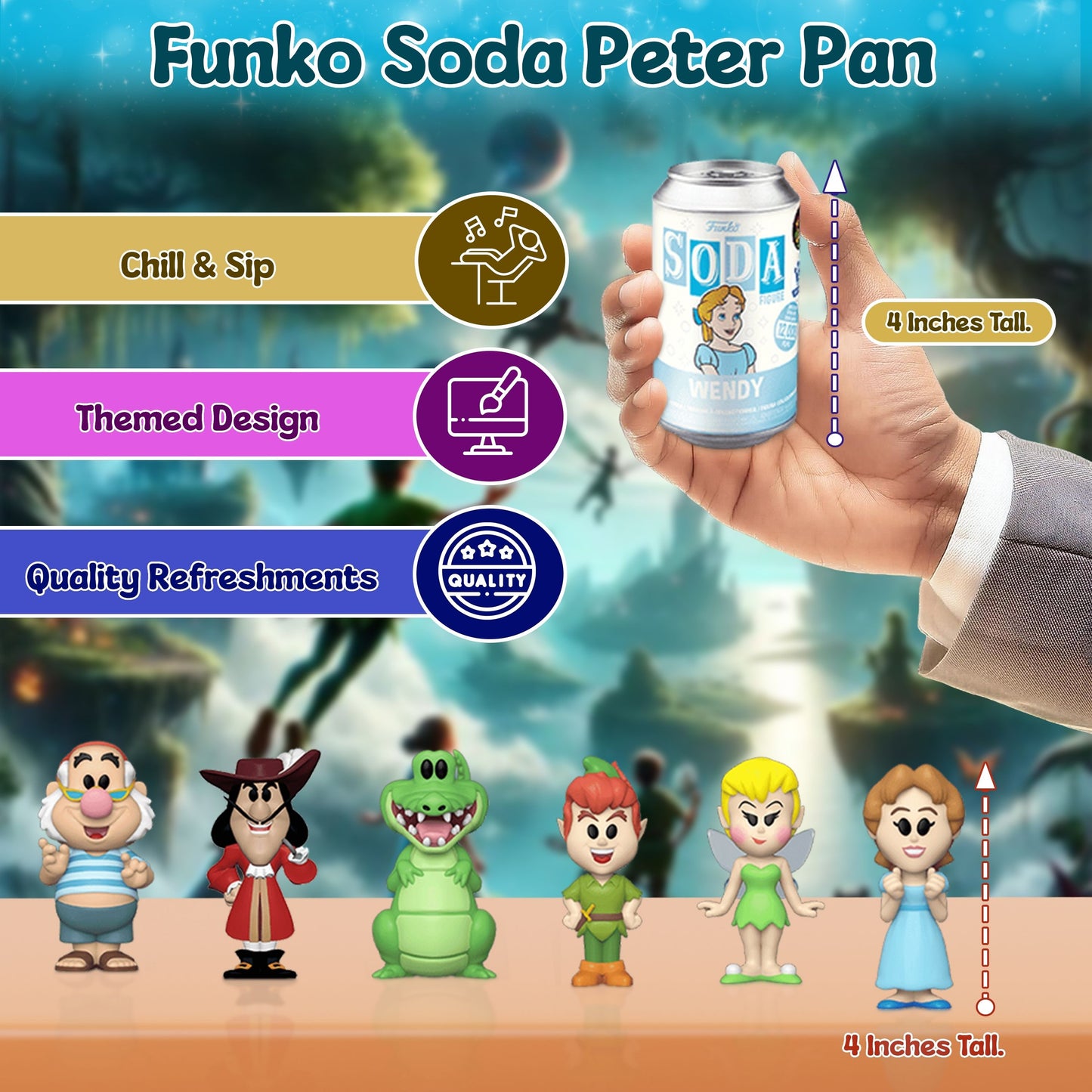 Peter Pan Funko Soda! Fly Away to Neverland - 6-Piece Set of Approx. 4" Vinyl Figures in Collectible Soda Cans (Chance of 1 Chase Variant) with an 8" Cooler Bag