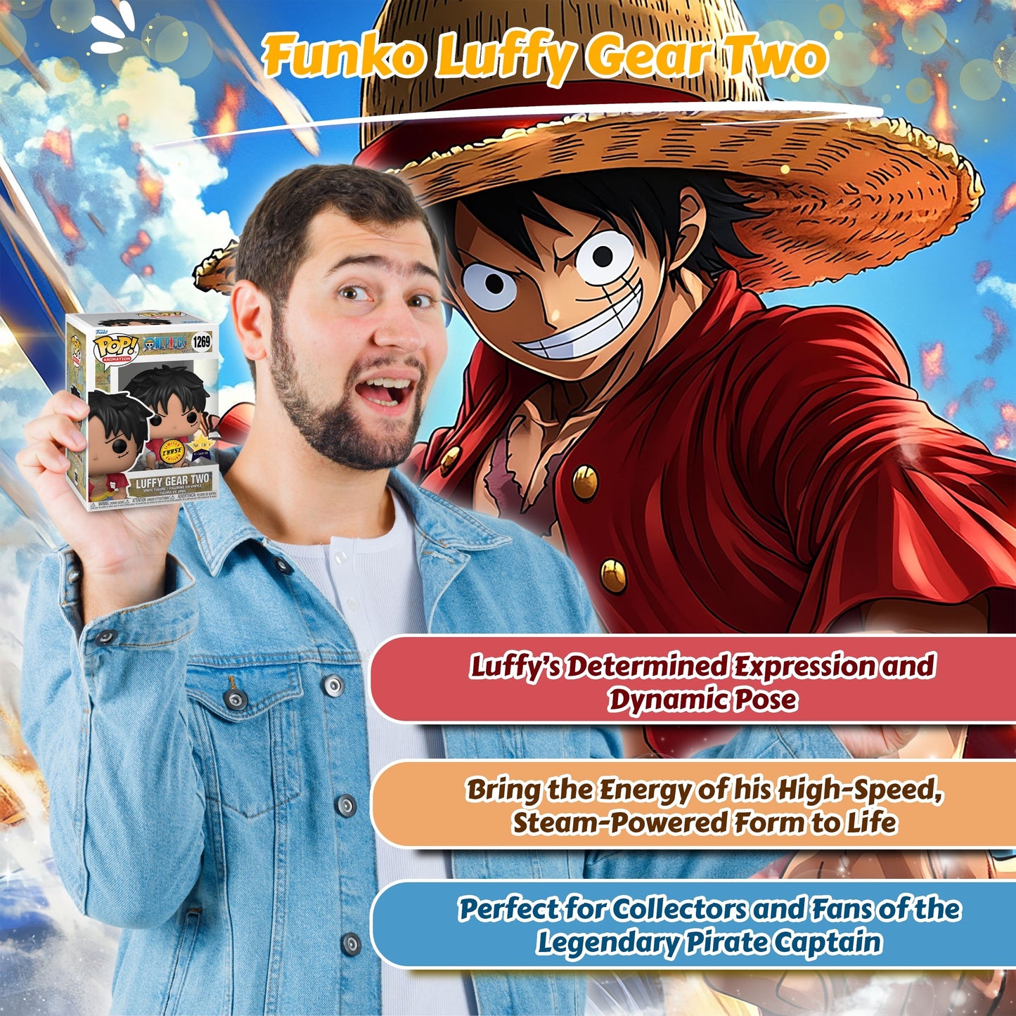Luffy Gear Two Funko Pop! Animation One Piece - Approx. 3.85" Collectible Exclusive Chase Limited Edition Vinyl Figure #1269 with  Display Box Protector Case