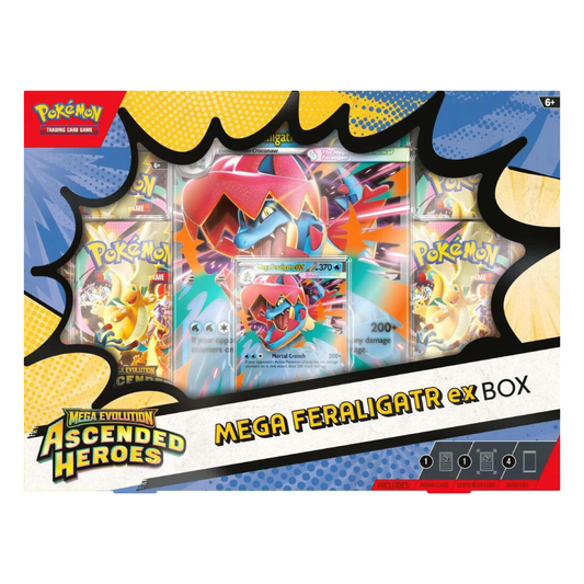 Pokemon TCG Mega Feraligatr Box Ascended Heroes with booster packs and promo card.