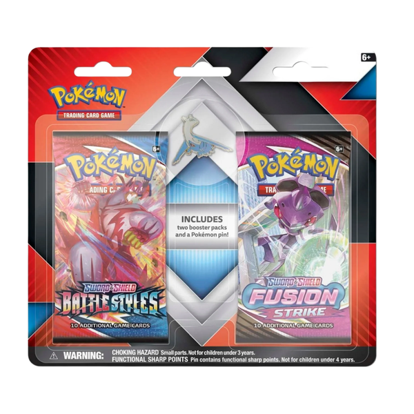 Pokemon TCG Fusion Strike and Battle Styles 2 Pack Pin Blister with booster packs and collectible Pokemon pin