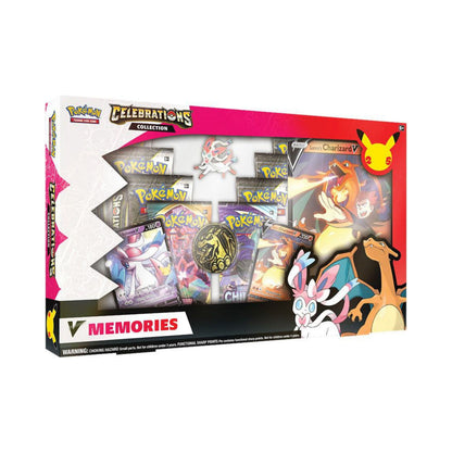 Pokemon TCG Celebrations V Memories Box with booster packs and promo cards.
