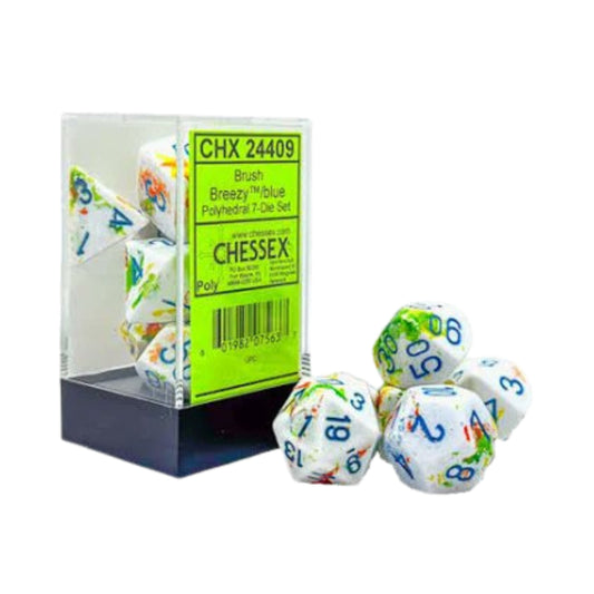 Chessex Breezy Blue 7 die polyhedral dice set with light blue brush pattern.
