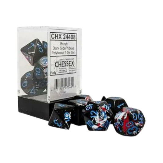 Chessex Dark Side Blue 7 die polyhedral dice set with blue pattern design.