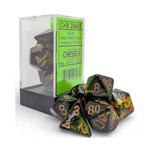 Chessex Deep Forest Gold 7 die polyhedral dice set with green and gold design.