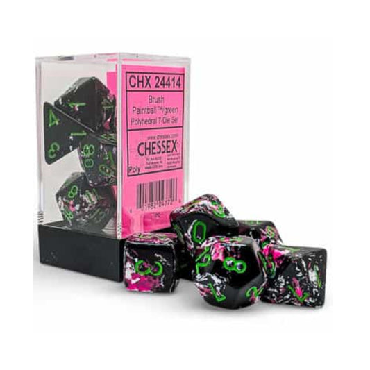 Chessex Paintball Green 7 die polyhedral dice set with brush pattern design.
