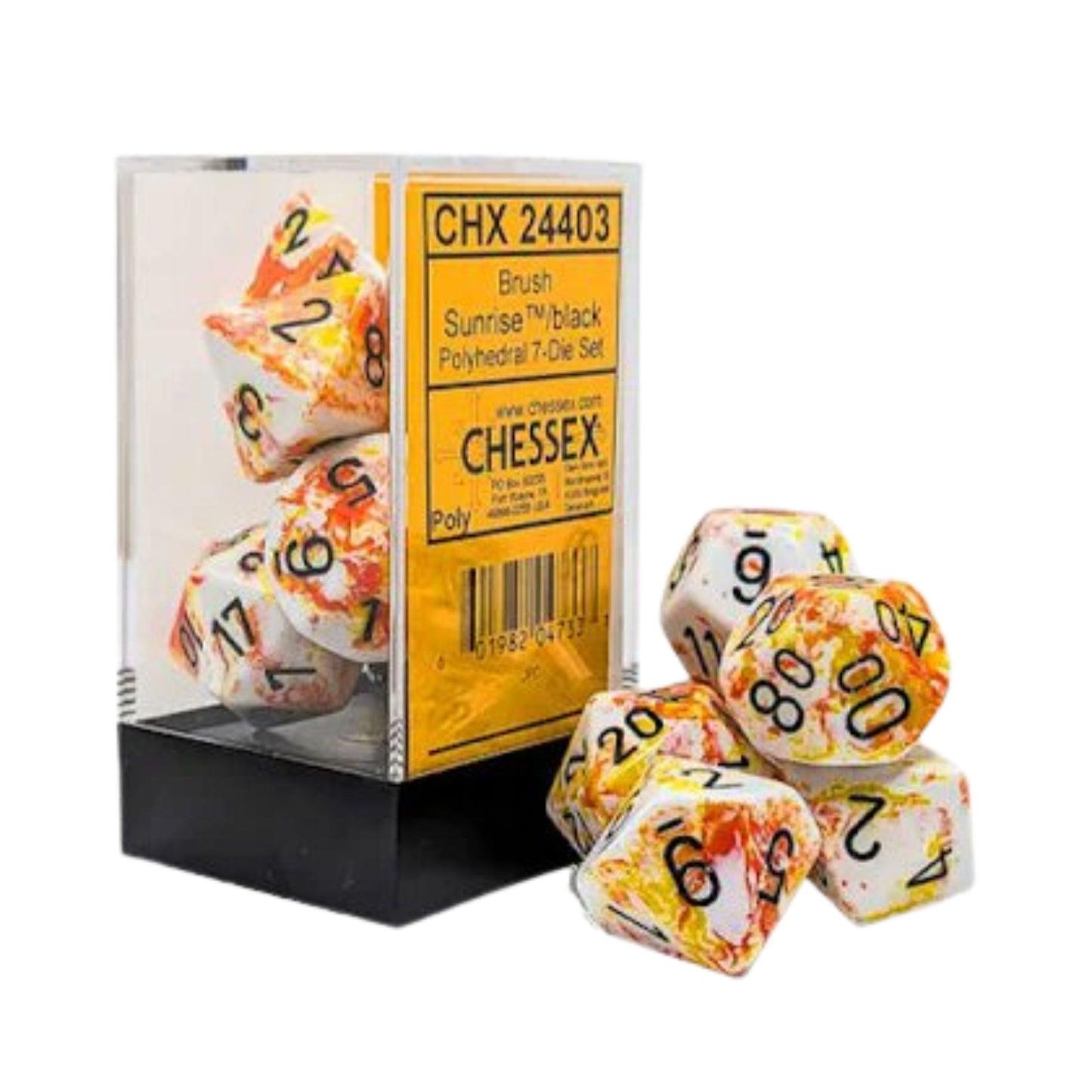 Chessex Sunrise Black 7 die polyhedral dice set with brush pattern and contrast numbers.