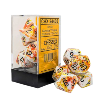 Chessex Sunrise Black 7 die polyhedral dice set with brush pattern and contrast numbers.