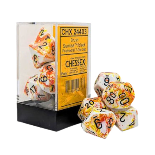 Chessex Sunrise Black 7 die polyhedral dice set with brush pattern and contrast numbers.