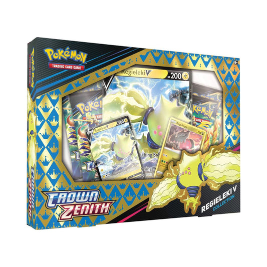 Pokemon TCG Crown Zenith Regieleki V Collection box featuring Regieleki V foil card and Crown Zenith pokemon trading card packs.