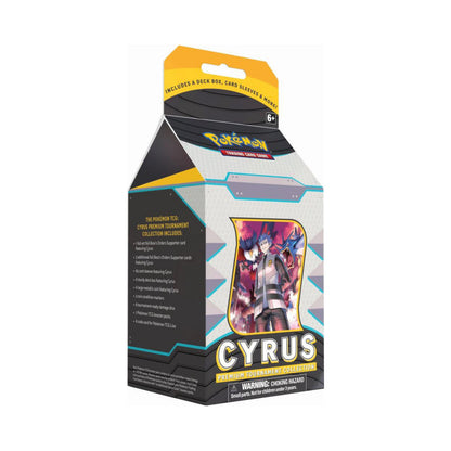 Pokemon TCG Cyrus Premium Tournament Collection Box with Cyrus Trainer cards, accessories, and booster packs.