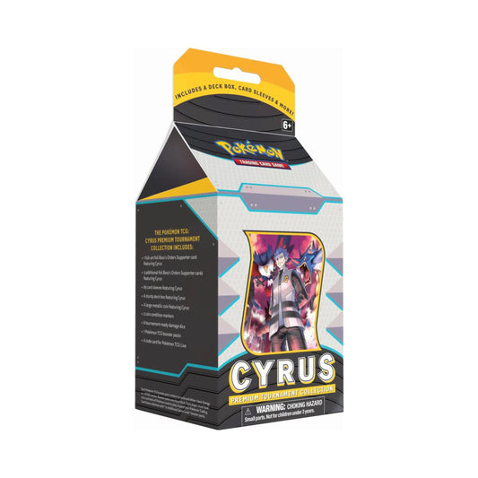 Pokemon TCG Cyrus Premium Tournament Collection Box with Cyrus Trainer cards, accessories, and booster packs.