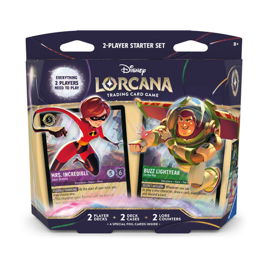 Disney Lorcana TCG 2-Player Deck - Elastigirl & Buzz Lightyear Starter Set, 2 Prebuilt 60-Card Decks with Foil Cards, Lore Trackers & Tokens for Immediate Play (PRE-ORDER MAY)