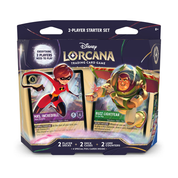 Disney Lorcana TCG 2-Player Deck - Elastigirl & Buzz Lightyear Starter Set, 2 Prebuilt 60-Card Decks with Foil Cards, Lore Trackers & Tokens for Immediate Play (PRE-ORDER MAY)