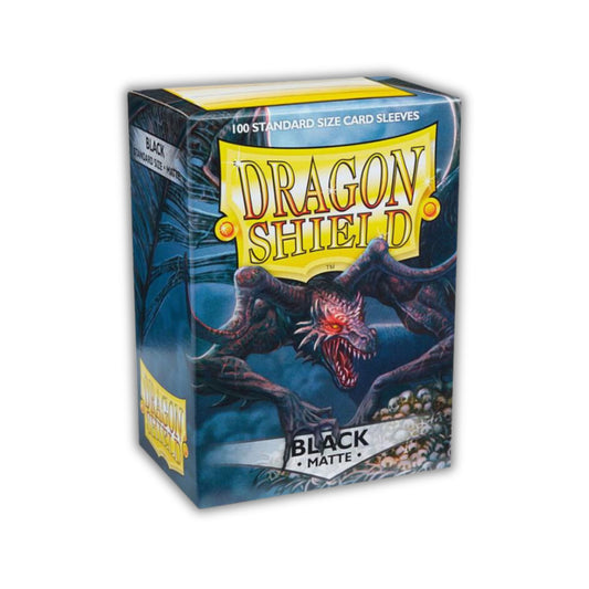 Dragon Shield Matte Black 100ct card sleeves for trading card games and TCG protection.