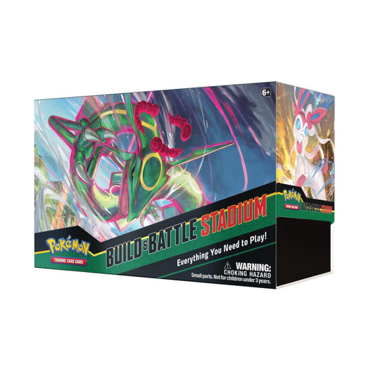 Pokemon TCG Evolving Skies Build and Battle Stadium box with booster packs and deck components.