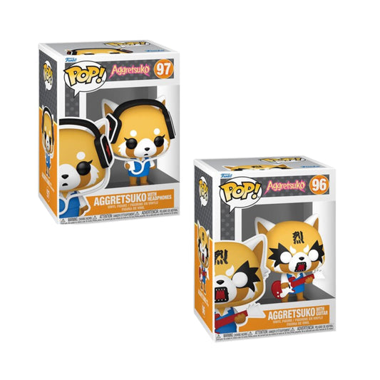 Sanrio Aggretsuko Wave 2 Funko Pop! - Set of 2 (Aggretsuko with Headphones  #97, and  Aggretsuko with Guitar #96) - Collectible Vinyl Figures with Window Display Box