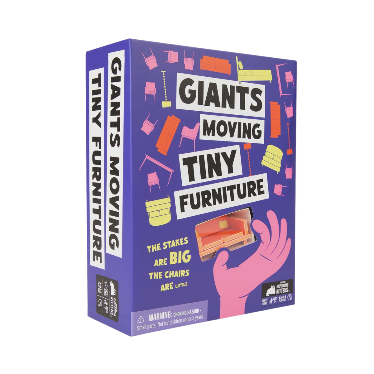 Giants Moving Tiny Furniture card game by Exploding Kittens with miniature furniture pieces job cards and house markers