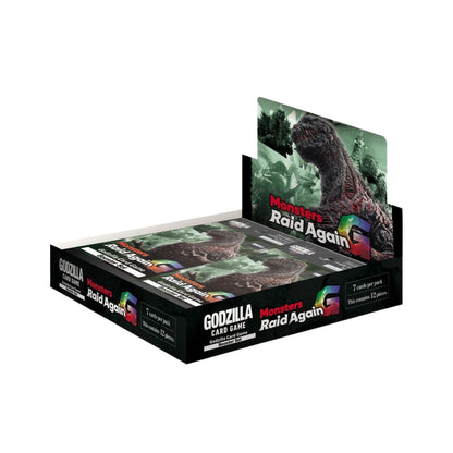 Godzilla Monsters Raid Again Booster Box with 12 sealed booster packs featuring iconic kaiju trading cards.