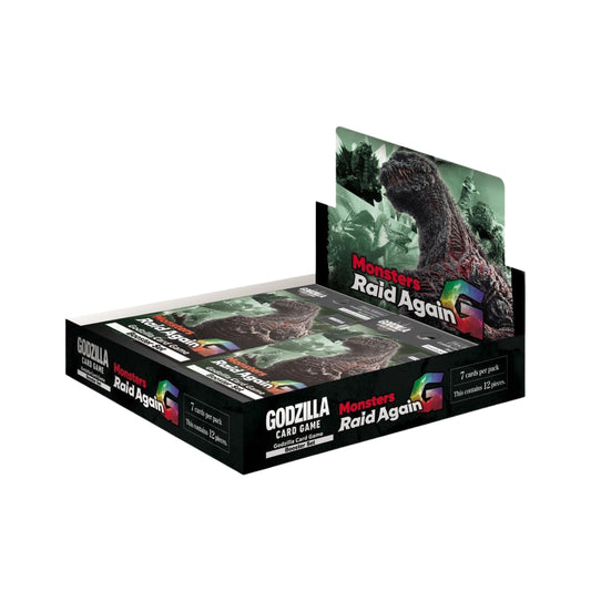 Godzilla Monsters Raid Again Booster Box with 12 sealed booster packs featuring iconic kaiju trading cards.