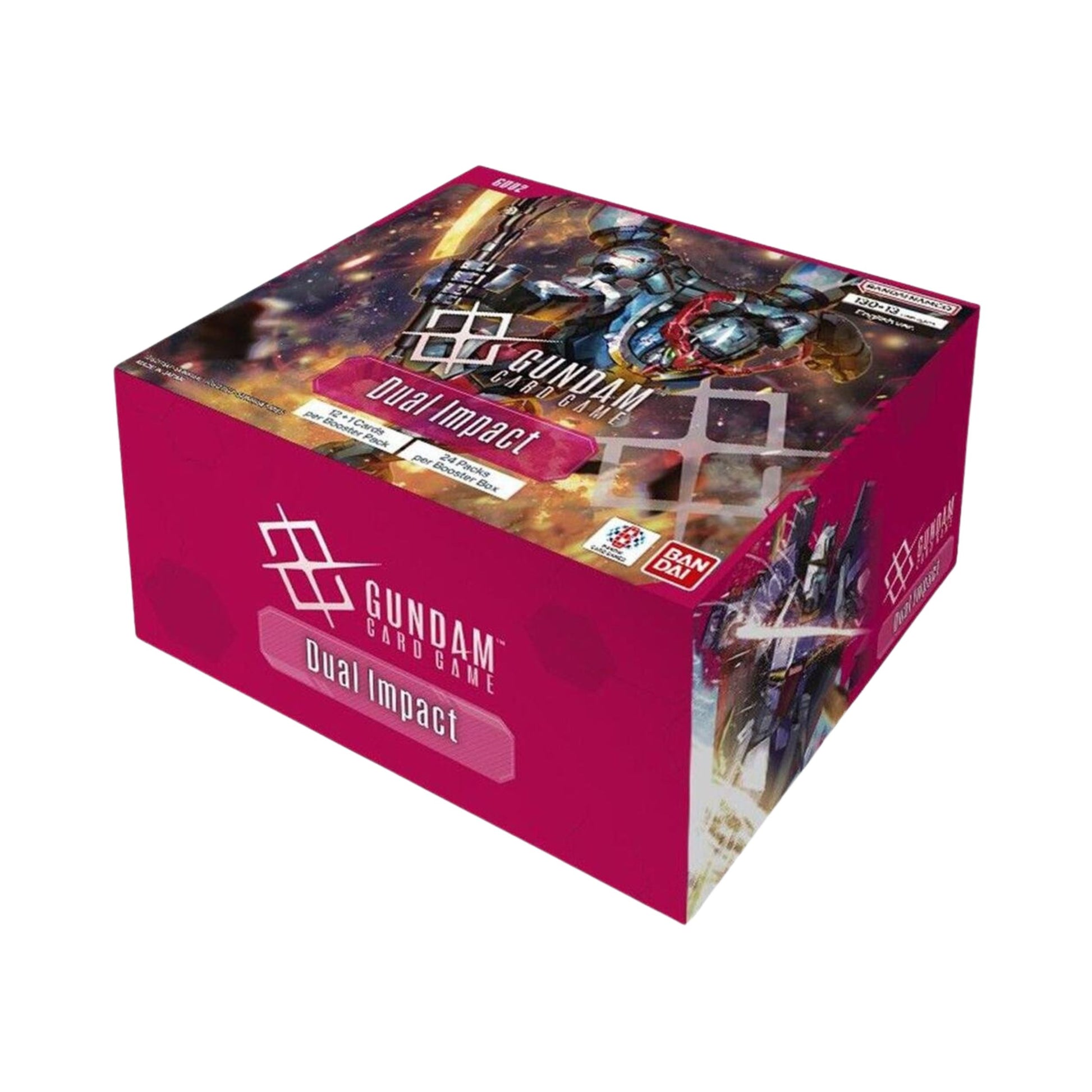 Gundam TCG Dual Impact GD02 Booster Box containing 24 sealed packs with 13 cards each.