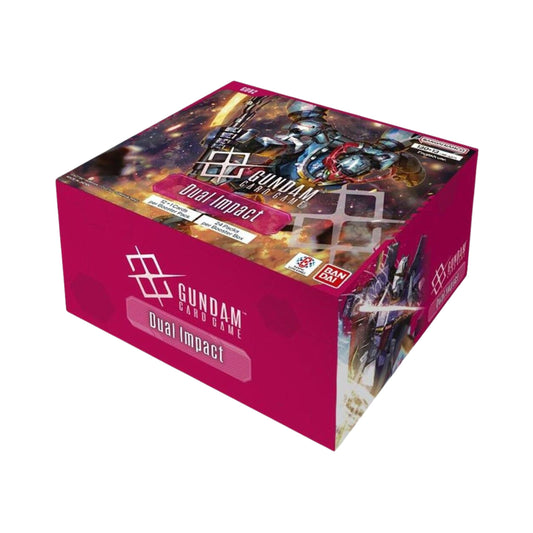 Gundam TCG Dual Impact GD02 Booster Box containing 24 sealed packs with 13 cards each.